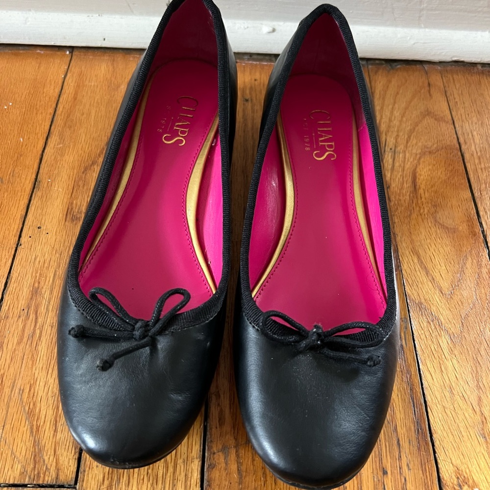 Chaps Black Leather Ballerina Flats, Size 8